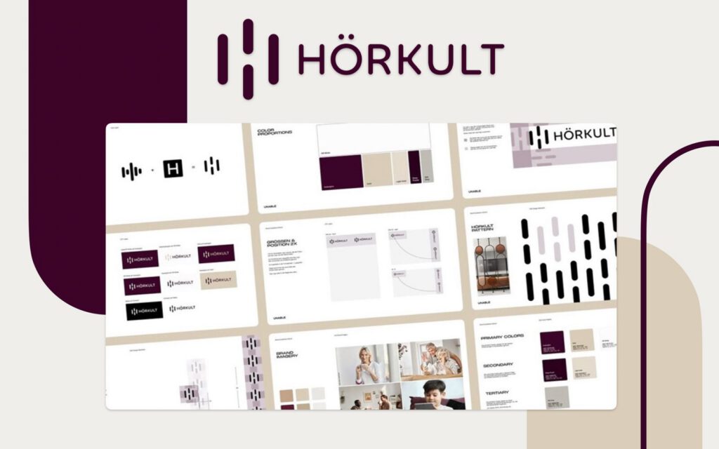 Übersicht des HÖRKULT Brandings mit Logo, Farben und Anwendungen